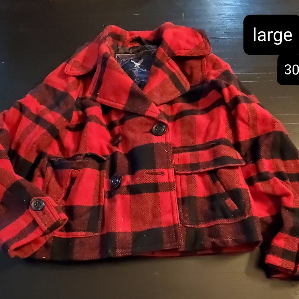 American Eagle Red Plaid Pea Coat
